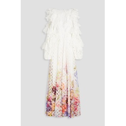 Ruffled laser-cut floral-print gauze gown