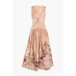 Lace-paneled floral-print silk and linen-blend maxi dress