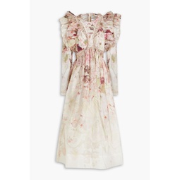 Ruffled floral-print linen and silk-blend midi dress