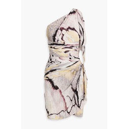 One-shoulder printed silk-crepe mini dress