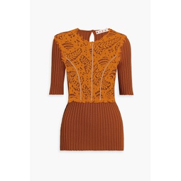 Corded lace-paneled ribbed-knit top