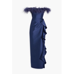 Off-the-shoulder feather-trimmed ruffled faille gown