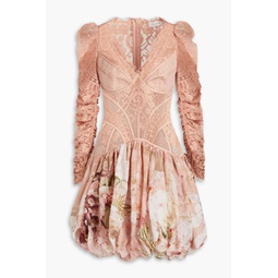 Flocked silk and linen-blend tulle, lace and gauze mini dress