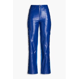 Snap-detailed two-tone faux eel-effect leather straight-leg pants
