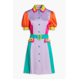 Color-block pleated satin-crepe shirt dress