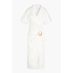 Calista wrap-effect embellished cotton-blend poplin midi dress