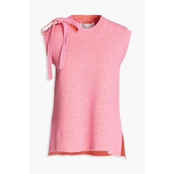 Bow-detailed ribbed cotton-blend top
