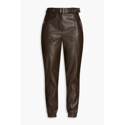 Belted faux leather tapered pants