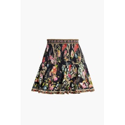 Crystal-embellished shirred cotton-poplin mini skirt