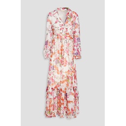 Gathered floral-print crepon maxi shirt dress
