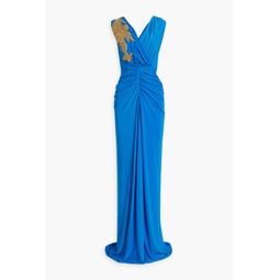 Bead-embellished ruched jersey gown