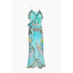 Embellished printed silk crepe de chine maxi wrap dress