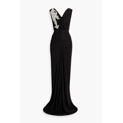 Bead-embellished ruched jersey gown
