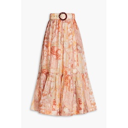 Belted printed linen and silk-blend gauze midi skirt