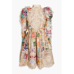 Lace-paneled floral-print linen and silk-blend gauze mini dress