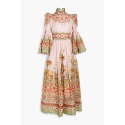 Bead-embellished printed linen and silk-blend maxi dress