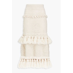 Tiered tasseled crocheted wool midi skirt