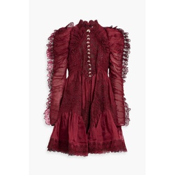 Guipure lace-trimmed linen and silk-blend mini dress