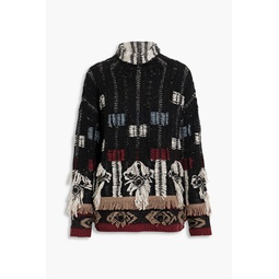 Fringed jacquard-knit merino wool-blend turtleneck sweater
