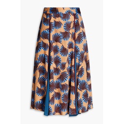Floral-print crepe-paneled jacquard midi skirt