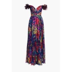 Off-the-shoulder pleated floral-print chiffon gown