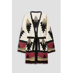 Belted embellished intarsia linen, silk and cotton-blend cardigan