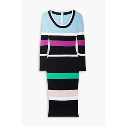 Mesh-paneled striped stretch-knit midi dress