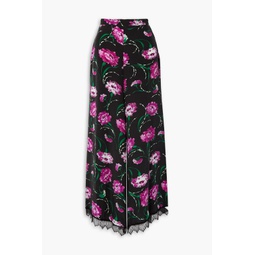Lace-trimmed floral-print silk crepe de chine wide-leg pants