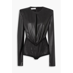 Gathered cutout faux stretch-leather bodysuit