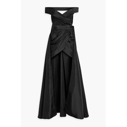 Convertible off-the-shoulder draped satin gown