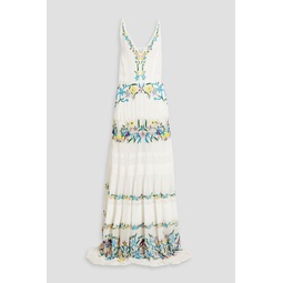 Corded lace-paneled embroidered chiffon maxi dress