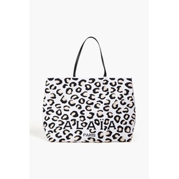 Leather-trimmed leopard jacquard-knit tote