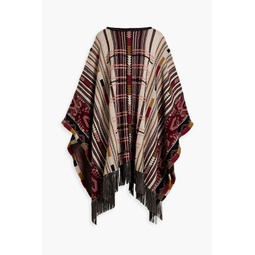 Fringed jacquard-knit wool-blend poncho
