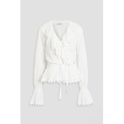 Embroidered cotton-voile wrap blouse