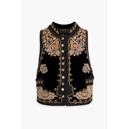 Bead-embellished embroidered cotton-blend velvet vest