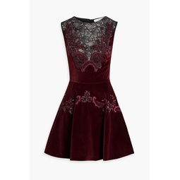Embellished lace-paneled cotton-blend velvet mini dress