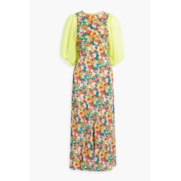 Neon silk-chiffon and floral-print silk-crepe midi dress