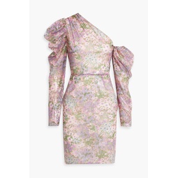 One-shoulder floral-print sequined tulle mini dress
