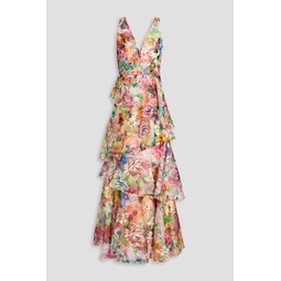 Tiered embroidered floral-print organza gown