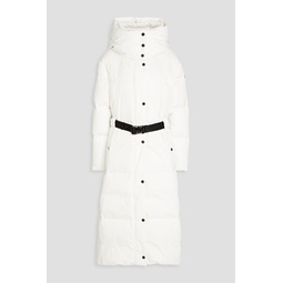 Quilted belted shell hooded down coat