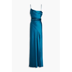 Belira draped belted satin-crepe gown