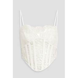 Coated cotton-blend lace bustier top