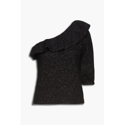 One-sleeve ruffled metallic ribbed-knit top