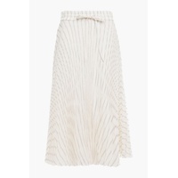 Pleated metallic striped cotton-blend gauze midi skirt