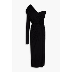 One-sleeve ruched wool-jersey midi dress