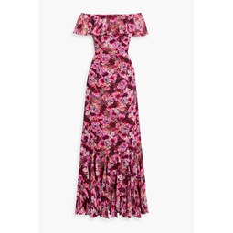 Off-the-shoulder ruffled floral-print fil coupe gown