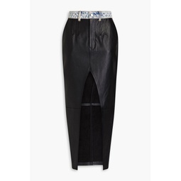 Denim-trimmed leather maxi skirt