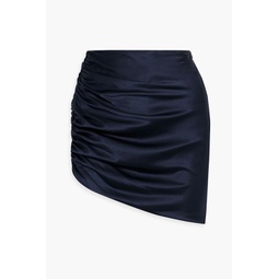 Asymmetric ruched silk-satin mini skirt