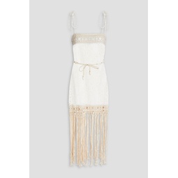 Fringed broderie anglaise cotton and macrame maxi dress