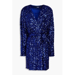 Belted sequined tulle mini wrap dress
